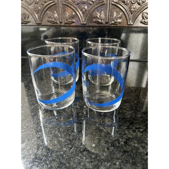 Libby MCM Glasses Juice Cups Blue Black line Swirl Set of 4 Vintage - Picture 1 of 9